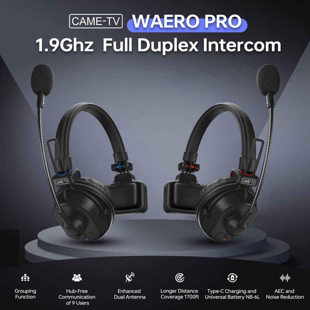CAME-TV WAERO Pro Full Duplex Dual Antenna 1.9G Lightweight Wireless Intercom Headset - 2 Pack