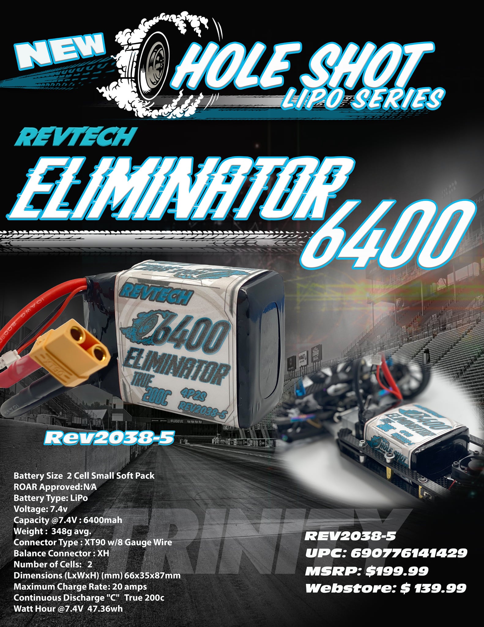 2S 7.4V 6400mah True 200C Eliminator LiPo Drag Pack w/Xt90 Connector REV2038-5