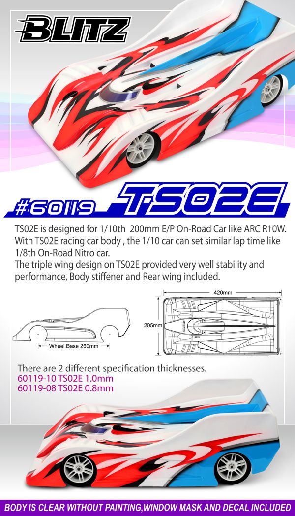 Blitz 60119-07 TS02E Pan Car Clear Body 200mm (0.7mm thick) 1/10