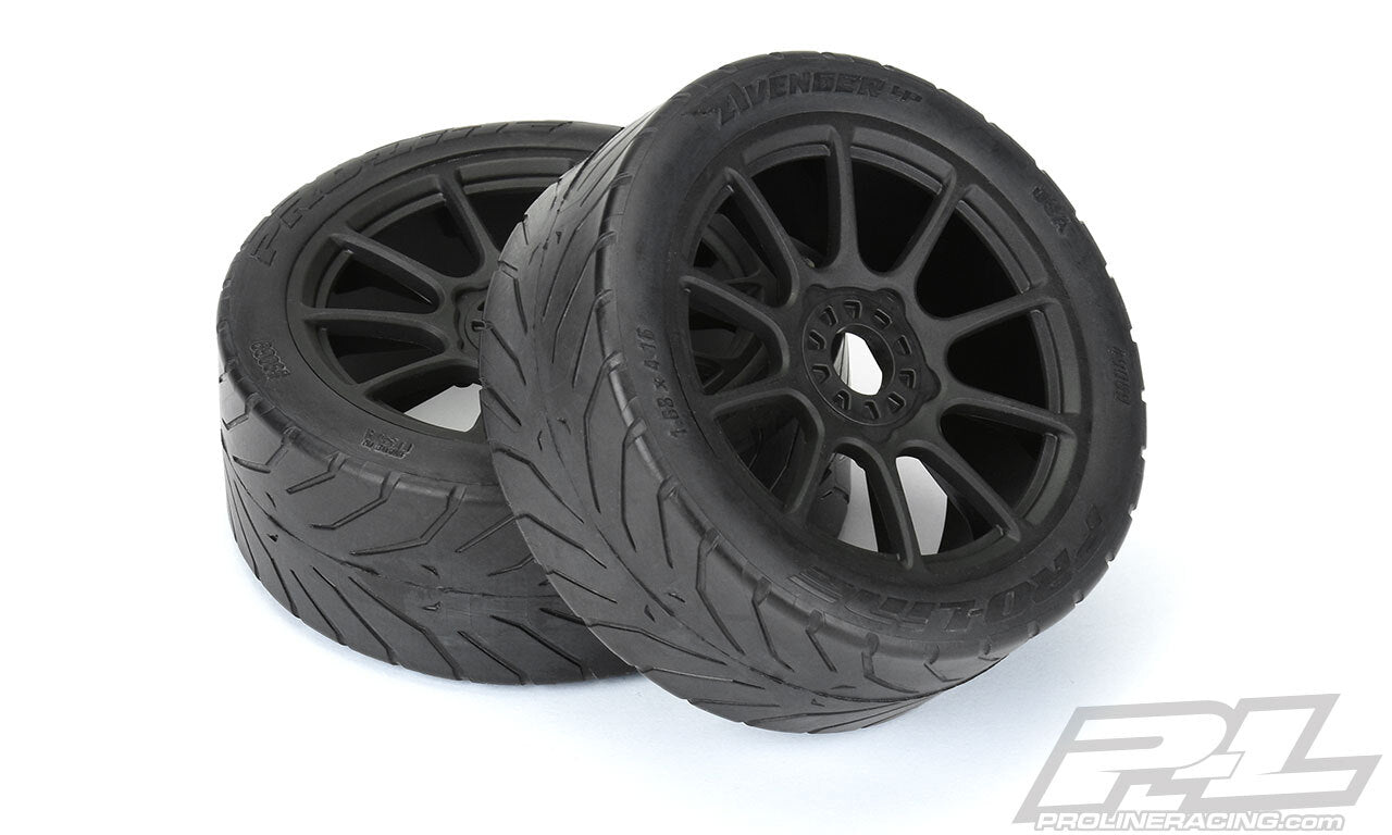 PROLINE Avenger HP S3 (Soft) Street BELTED 1:8 Buggy Tires Mounted on Mach 10 Black Wheels (2) for Front or Rear - PR9069-21