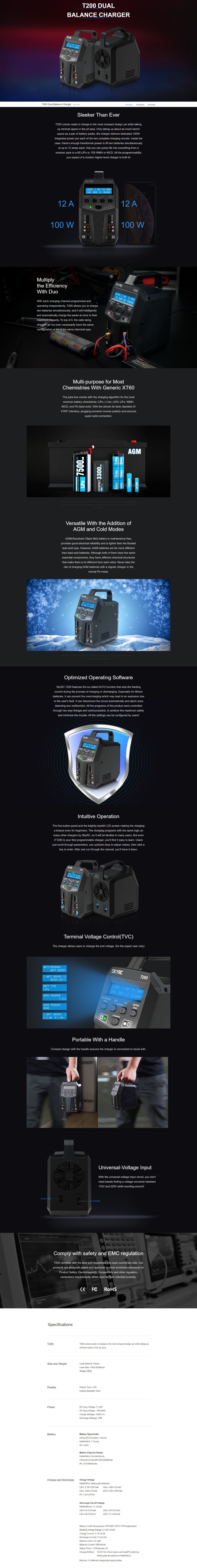 SKY RC T200 AC/DC 12A Dual output Charger Multi Chemistry Balance SK-100155