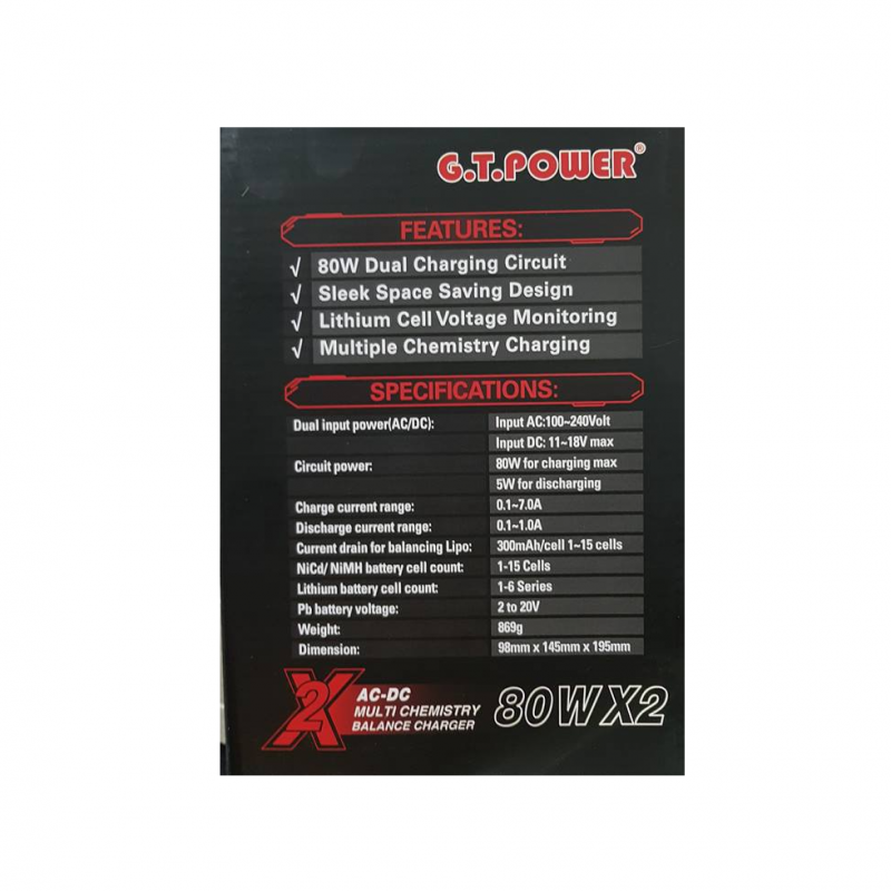 G.T. Power – Pro Duo 80W X2 Dual AC DC 7A LiPo LiHV NiMH RC Battery Balance Charger #GT-X2 Charger